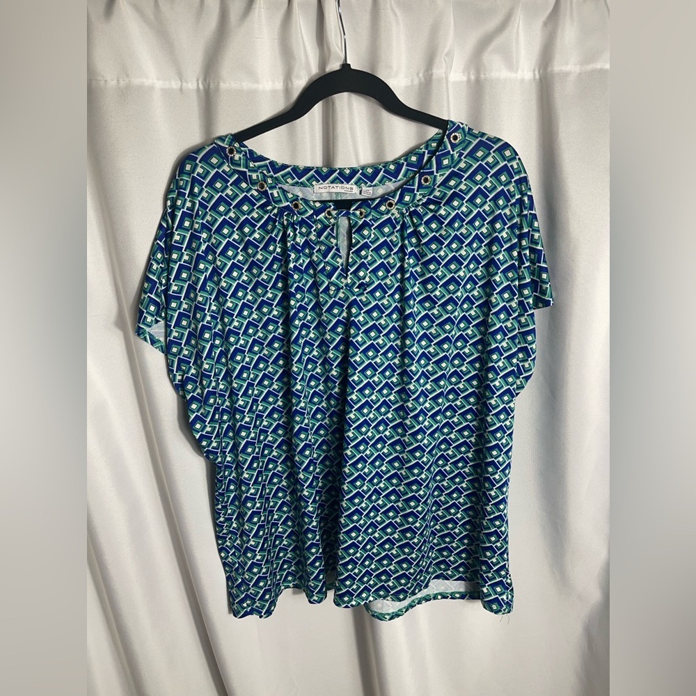 Notaions Women’s Plus Size 3XL Green/Blue Geometric Print Blouse Short Sleeves